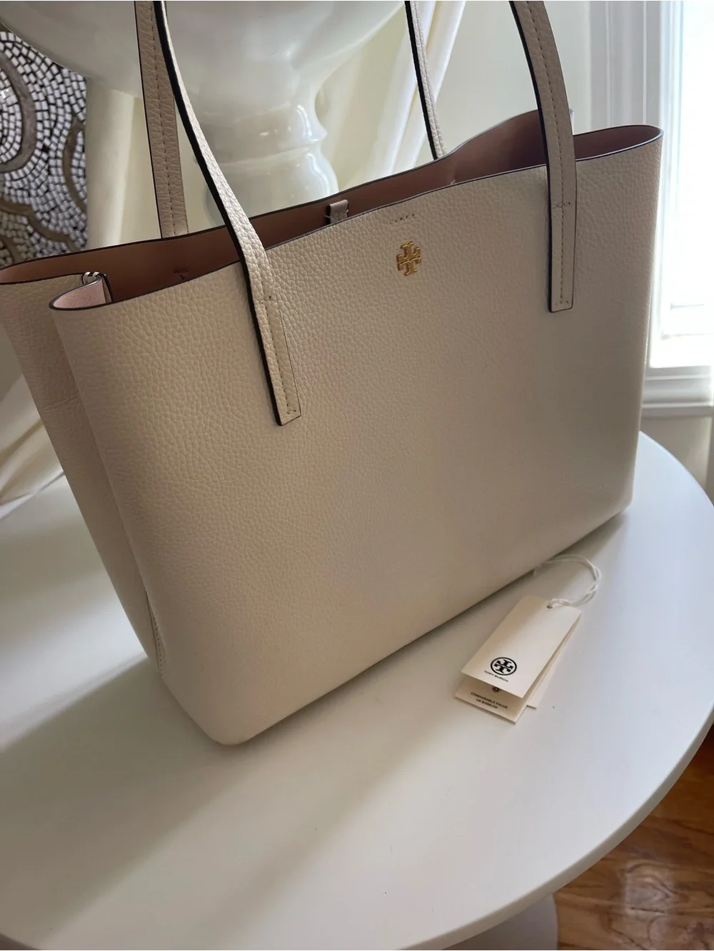 Tory Burch Cream Pebbled Leather Tote with Gold Logo